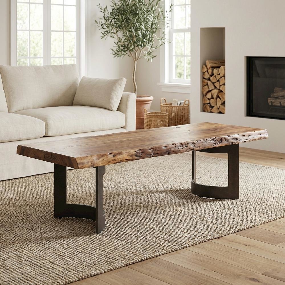 Brown Solid Acacia Coffee Table with Iron Legs and Clear Stain Finish