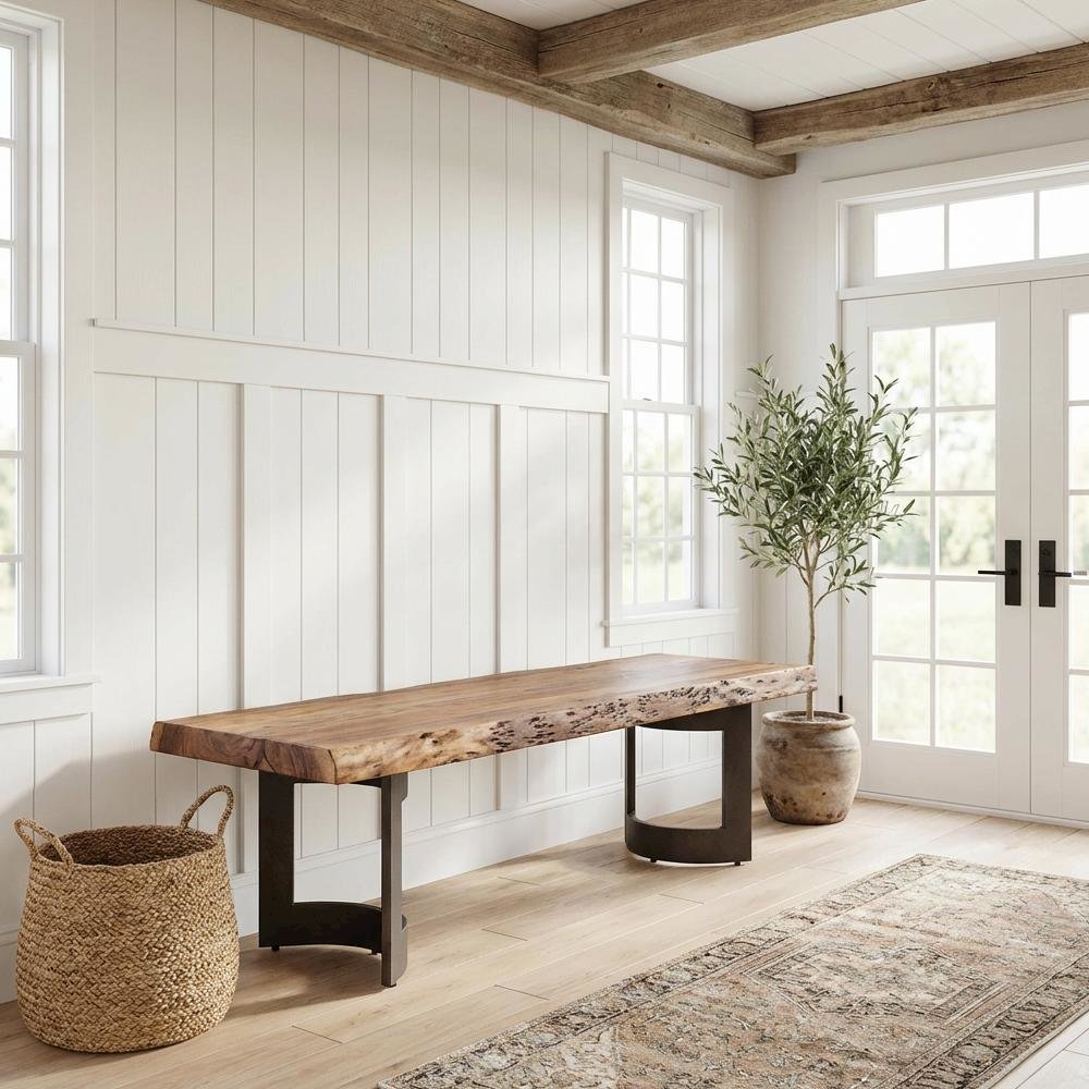 Brown Solid Acacia Coffee Table with Iron Legs and Clear Stain Finish