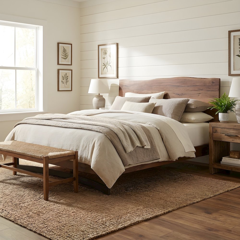 Solid Acacia King Platform Bed with Live-Edge Headboard and Iron Legs