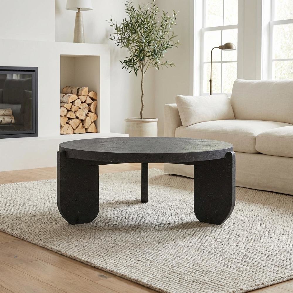 Black Concrete Top Coffee Table with Acacia Legs and Terrazzo Surface