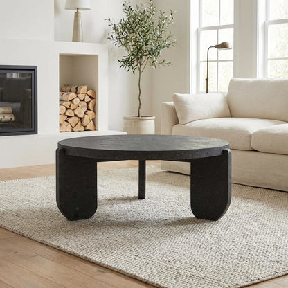 Black Concrete Top Coffee Table with Acacia Legs and Terrazzo Surface