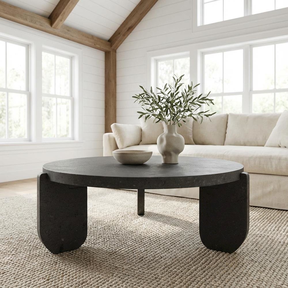 Black Concrete Top Coffee Table with Acacia Legs and Terrazzo Surface