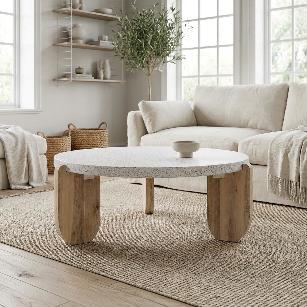 White Terrazzo Coffee Table with Cement Mixed Stone Top and Stain Resistance
