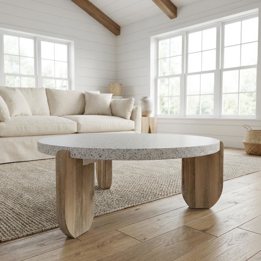 White Terrazzo Coffee Table with Cement Mixed Stone Top and Stain Resistance