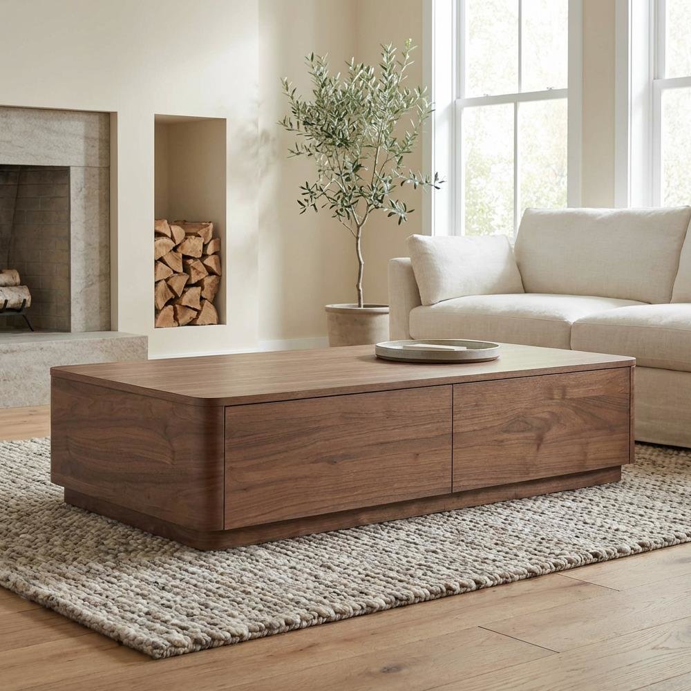 Brown Walnut Veneer Coffee Table with 4 Drawers and Rubber Wood Base