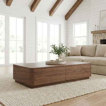 Brown Walnut Veneer Coffee Table with 4 Drawers and Rubber Wood Base