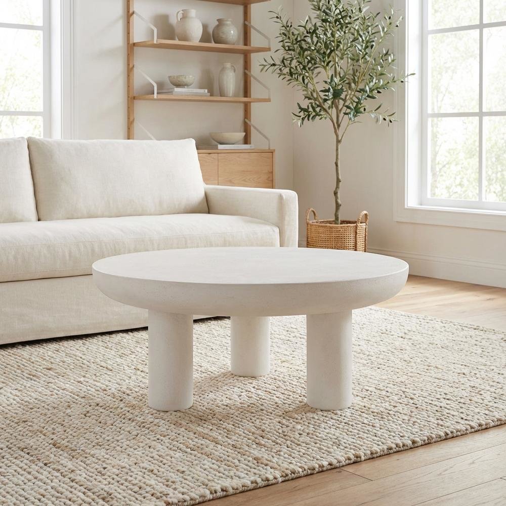 White Concrete Coffee Table with Iron Frame Support and Single Piece Design