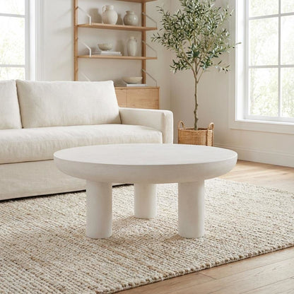 White Concrete Coffee Table with Iron Frame Support and Single Piece Design