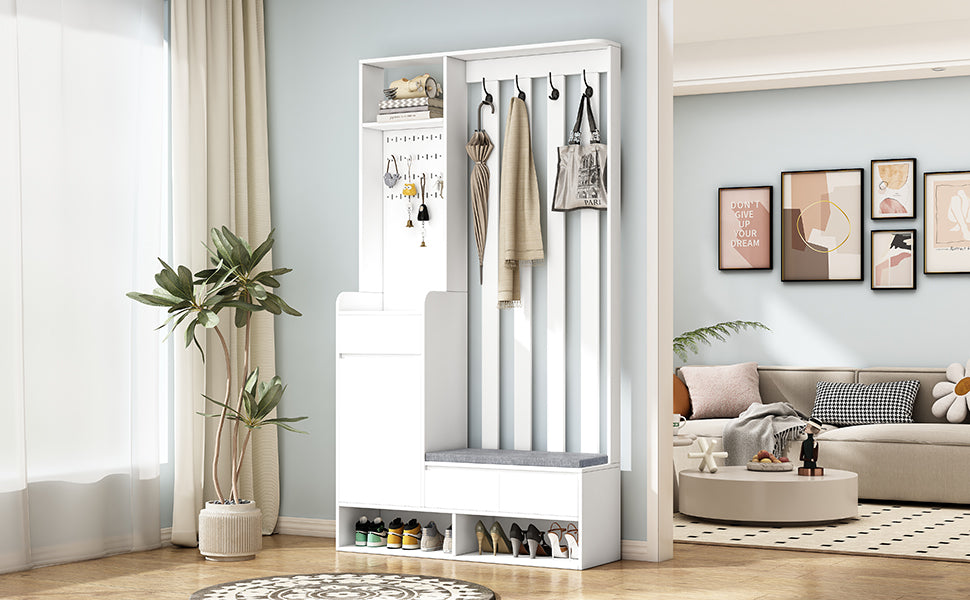 ON-TREND Contemporary 39.3''Wx70.8''H Hall Tree  Storage with Cushioned Storage Bench, Multifunctional Hallway Shoe Cabinet with Pegboard, Modern Coat Rack with 4 Hooks for Entryway, Mudroom, White