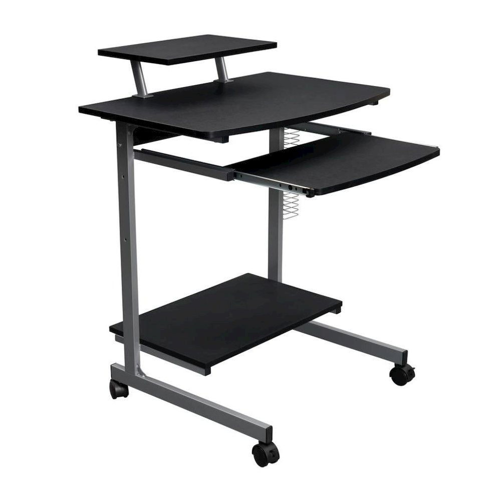 Gray Portable Computer Cart With Keyboard Shelf, Media Rack And Wheels