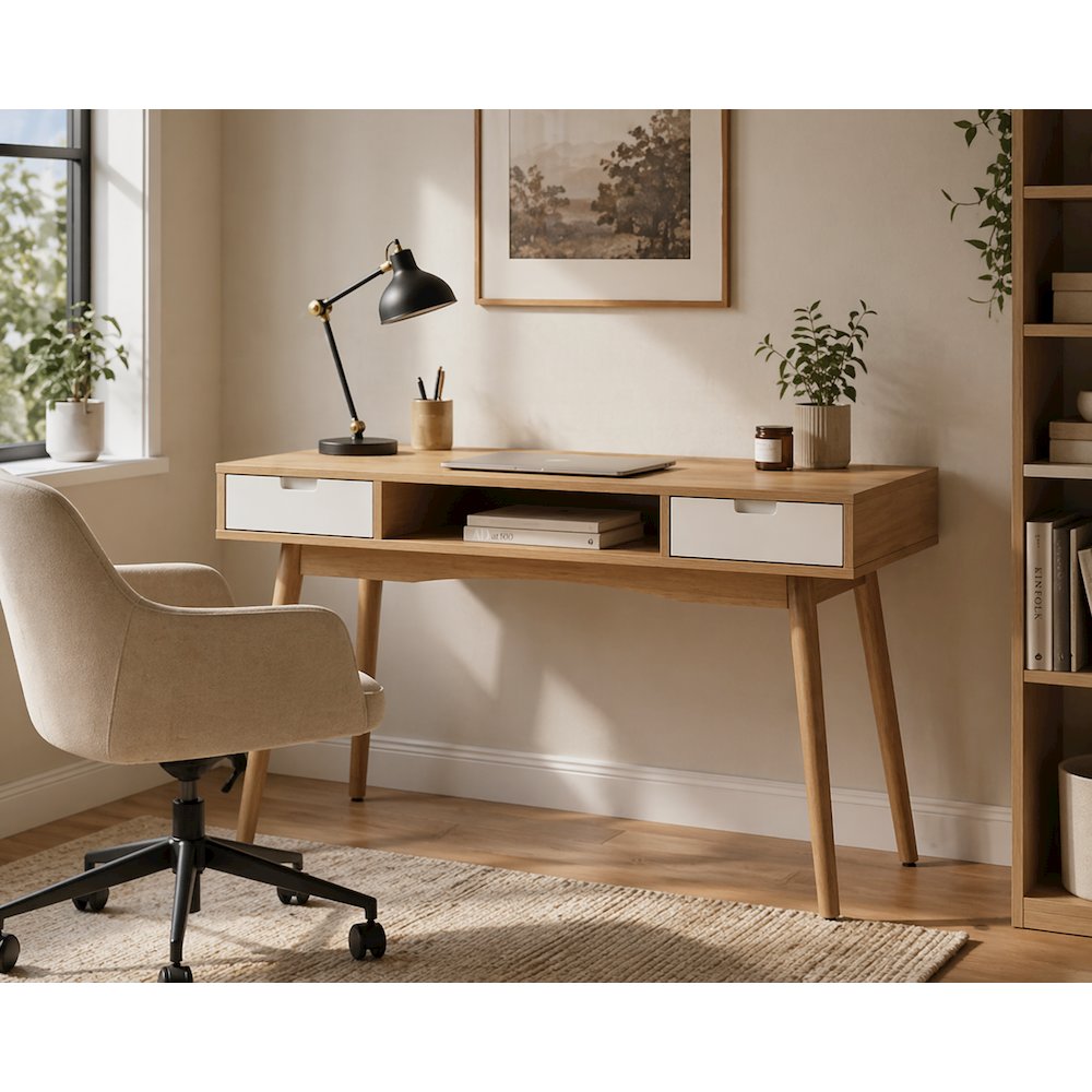 Natural wood office desk with ash veneer and sturdy frame for modern workspace