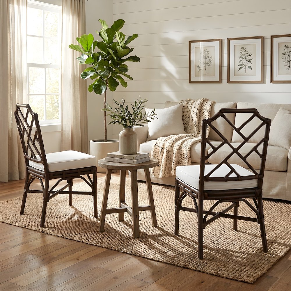 Fabric-Upholstered Rattan Chippendale Dining Chairs, Paloma Brown, Set of 2