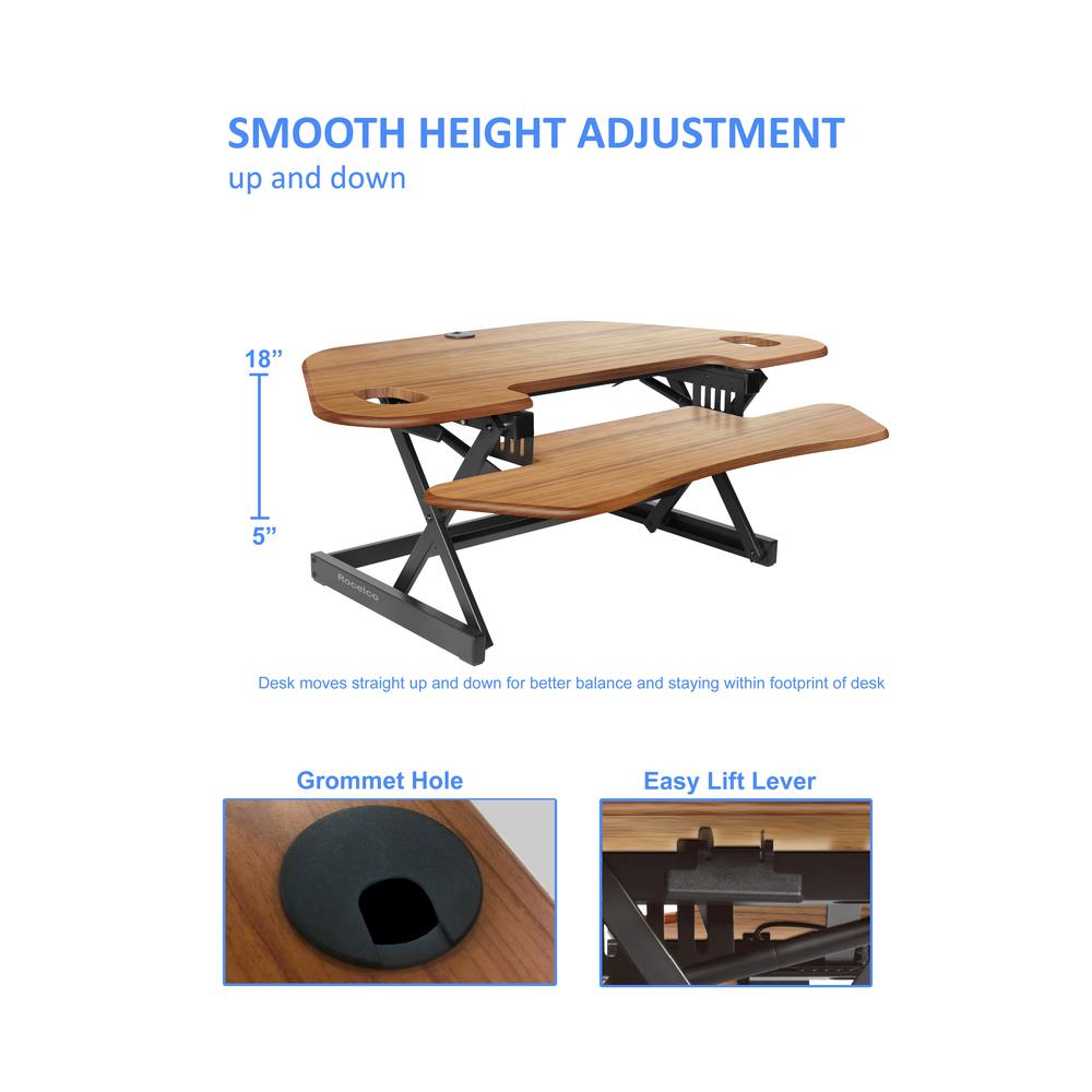 Rocelco 46" Height Adjustable Corner Standing Desk Converter with Dual Monitor Arm BUNDLE - Quick Sit Stand Up Computer Workstation Riser - Extra Large Keyboard Tray - Teak Wood Grain (R CADRG-46-DM2)