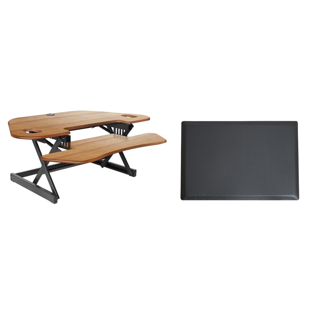Rocelco 46" Height Adjustable Corner Standing Desk Converter with Anti Fatigue Mat BUNDLE - Quick Sit Stand Up Dual Monitor Riser - Computer Workstation - Teak Wood Grain (R CADRT-46-MAFM)
