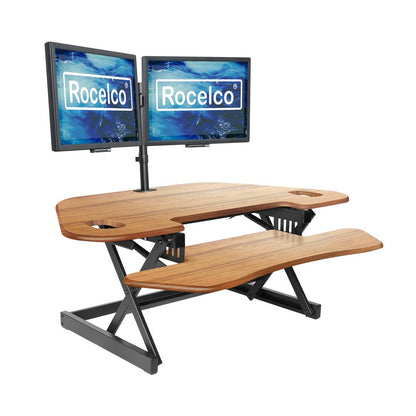 Rocelco 46" Height Adjustable Corner Standing Desk Converter with Dual Monitor Arm BUNDLE - Quick Sit Stand Up Computer Workstation Riser - Extra Large Keyboard Tray - Teak Wood Grain (R CADRG-46-DM2)