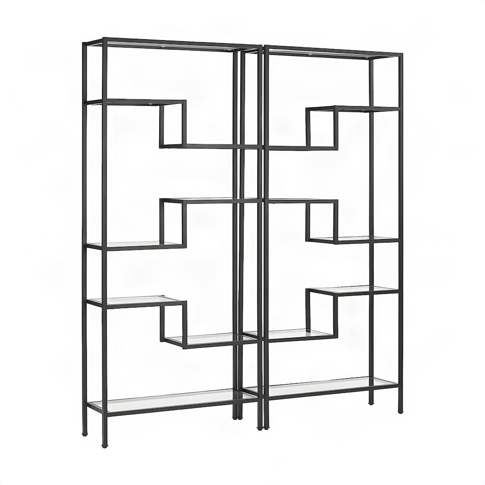 Steel Etagere Set with Tempered Glass Shelves, Matte Black, Set of 2