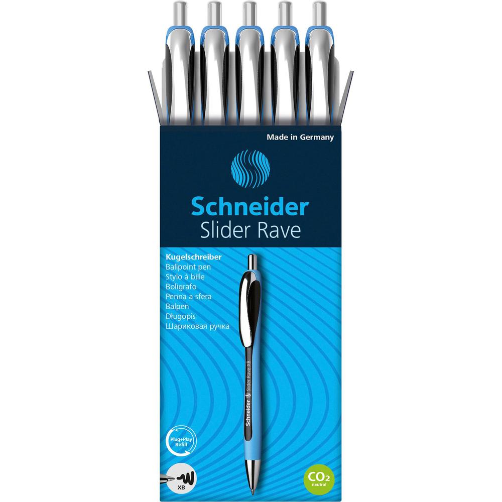 Schneider Slider Rave XB Ballpoint Pen - Extra Broad Pen Point - 1.4 mm Pen Point Size - Retractable - Black - Black Rubberized, Light Blue Barrel - Stainless Steel Tip - 5 / Pack