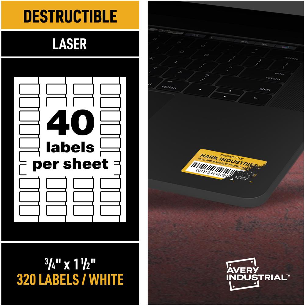 Avery&reg; PermaTrack Destructible Asset Tag Labels, 3/4" x 1-1/2" , 320 Asset Tags - Waterproof - 3/4" Width x 1 1/2" Length - Permanent Adhesive - Rectangle - Laser - White - Film - 40 / Sheet - 40