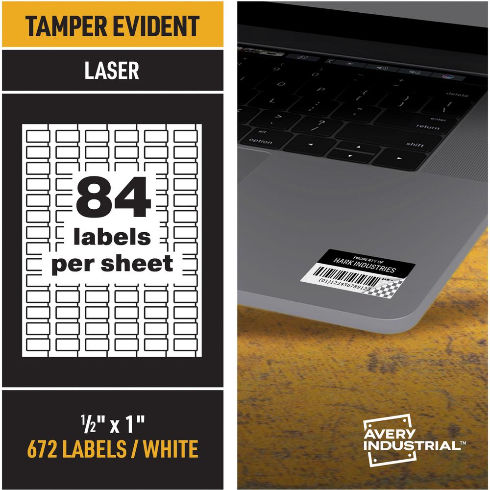 Avery&reg; PermaTrack Tamper-Evident Asset Tag Labels, 1/2" x 1" , 672 Asset Tags - Waterproof - 1/2" Width x 1" Length - Permanent Adhesive - Rectangle - Laser - White - Film - 84 / Sheet - 40 Total
