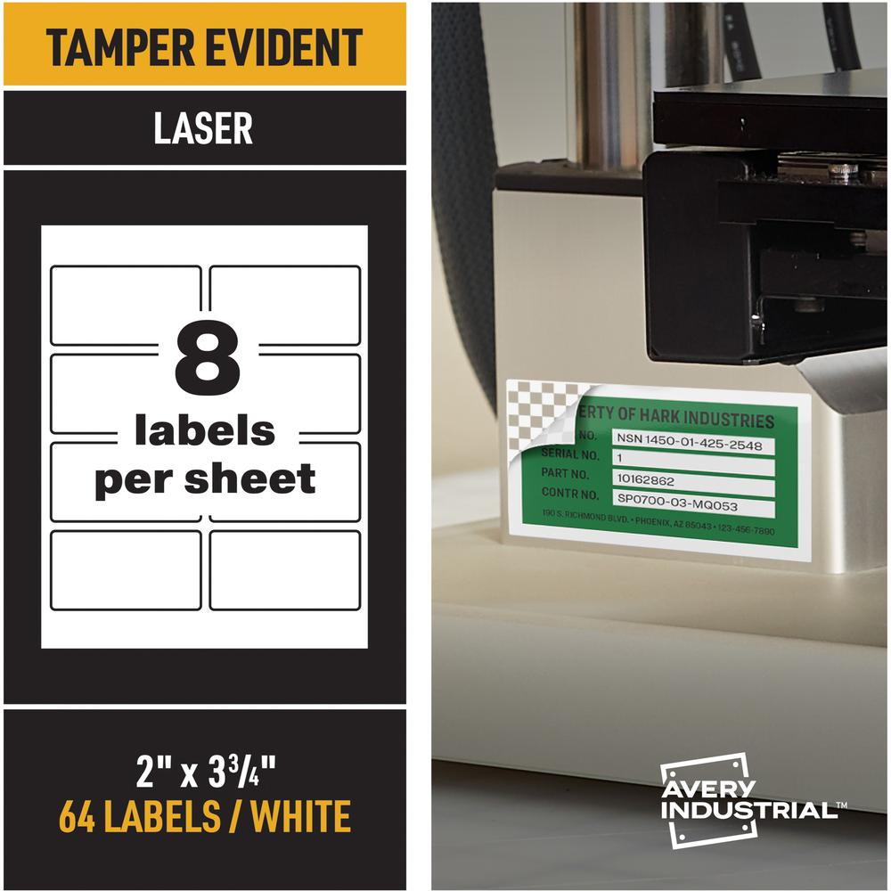 Avery&reg; PermaTrack Tamper-Evident Asset Tag Labels, 2" x 3-3/4" , 64 Asset Tags - Waterproof - 2" Width x 3 3/4" Length - Permanent Adhesive - Rectangle - Laser - White - Film - 8 / Sheet - 40 Tota