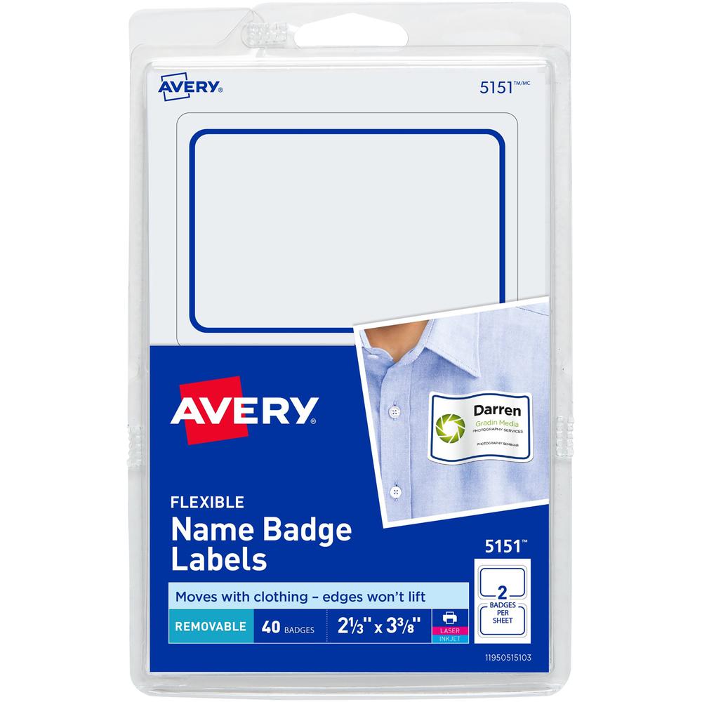 Avery Flexible Name Badge Labels - 2 1/3" Height x 3 3/8" Width - Removable Adhesive - Rectangle - Laser, Inkjet - Matte - White - Blue Border - Film - 2 / Sheet - 20 Total Sheets - 720 Total Label(s)