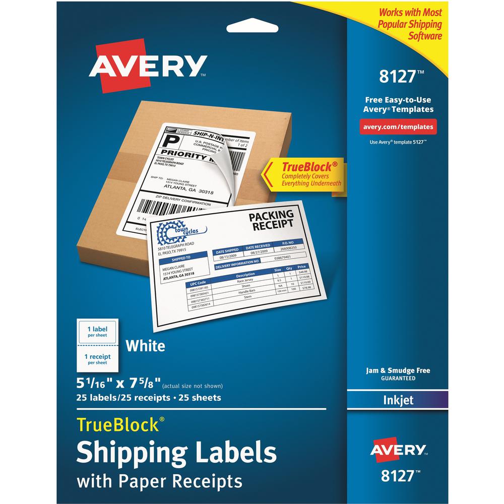 Avery&reg; TrueBlock Paper Receipt Shipping Labels - 5 1/16" Width x 7 5/8" Length - Permanent Adhesive - Rectangle - Inkjet - White - Paper - 1 / Sheet - 125 Total Sheets - 125 Total Label(s) - 5 / C