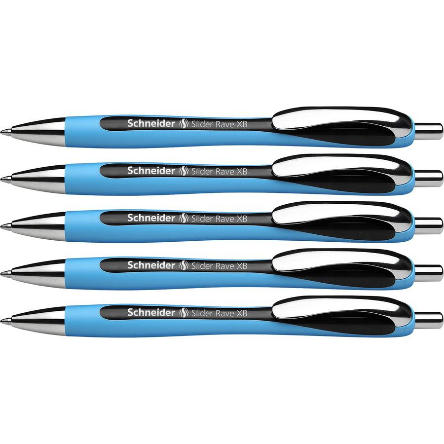 Schneider Slider Rave XB Ballpoint Pen - Extra Broad Pen Point - 1.4 mm Pen Point Size - Retractable - Black - Black Rubberized, Light Blue Barrel - Stainless Steel Tip - 5 / Pack
