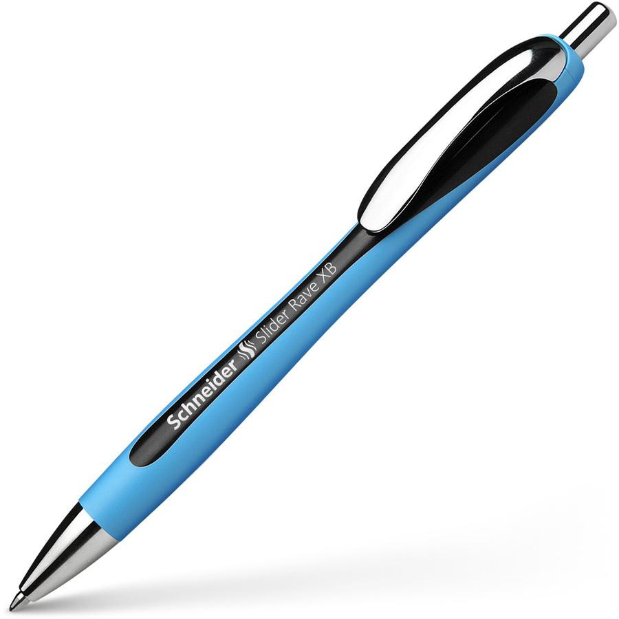 Schneider Slider Rave XB Ballpoint Pen - Extra Broad Pen Point - 1.4 mm Pen Point Size - Retractable - Black - Black Rubberized, Light Blue Barrel - Stainless Steel Tip - 5 / Pack