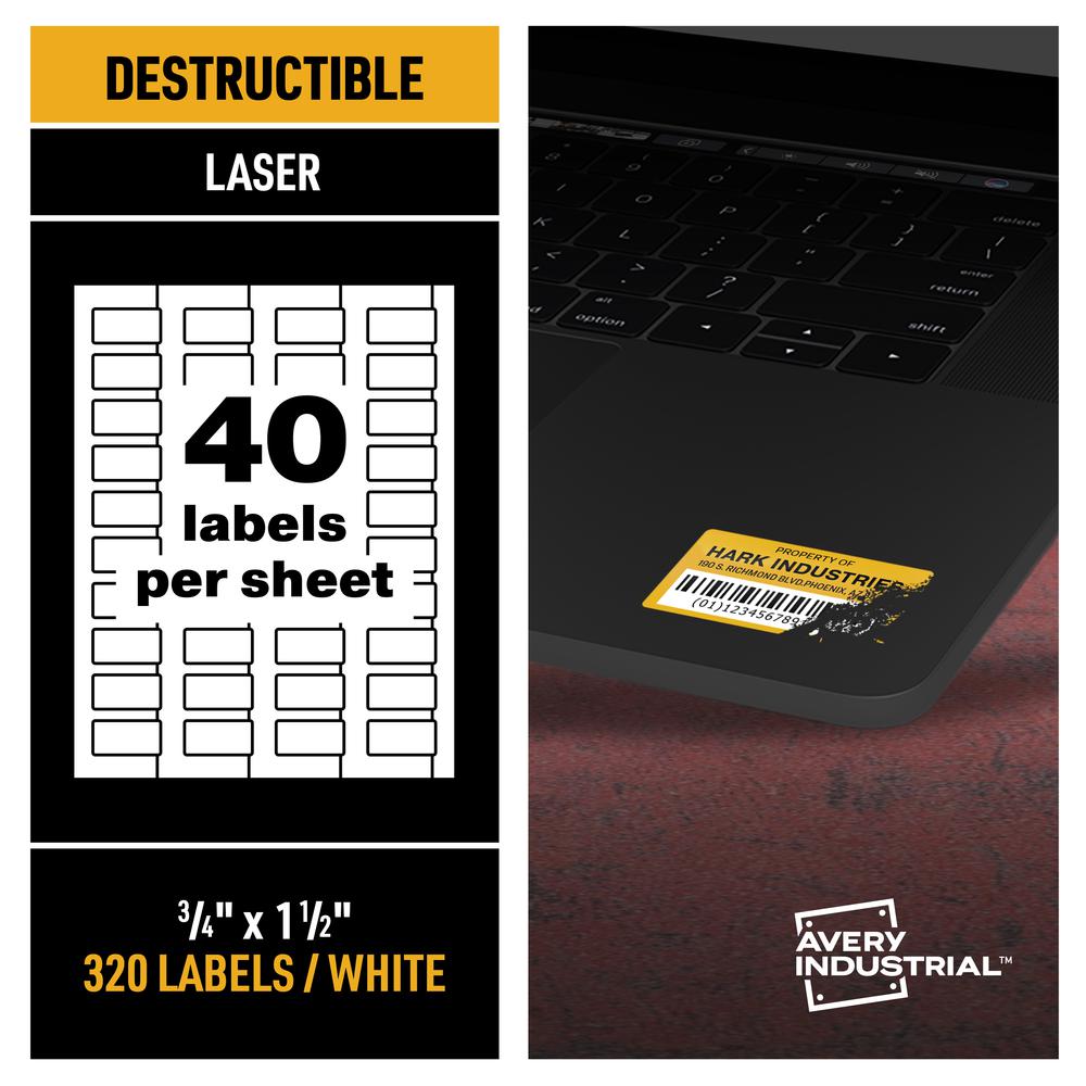 Avery&reg; PermaTrack Destructible Asset Tag Labels, 3/4" x 1-1/2" , 320 Asset Tags - Waterproof - 3/4" Width x 1 1/2" Length - Permanent Adhesive - Rectangle - Laser - White - Film - 40 / Sheet - 40