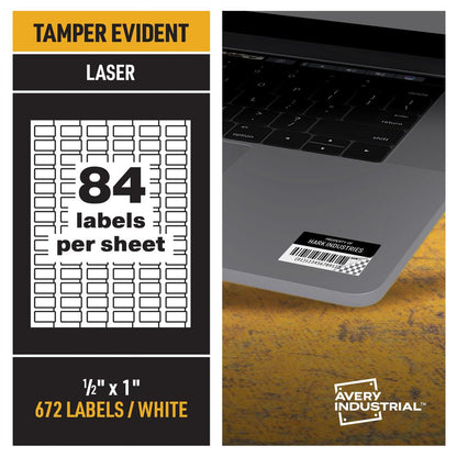 Avery&reg; PermaTrack Tamper-Evident Asset Tag Labels, 1/2" x 1" , 672 Asset Tags - Waterproof - 1/2" Width x 1" Length - Permanent Adhesive - Rectangle - Laser - White - Film - 84 / Sheet - 40 Total