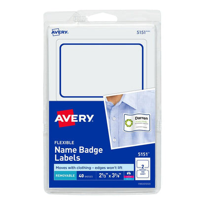 Avery Flexible Name Badge Labels - 2 1/3" Height x 3 3/8" Width - Removable Adhesive - Rectangle - Laser, Inkjet - Matte - White - Blue Border - Film - 2 / Sheet - 20 Total Sheets - 720 Total Label(s)