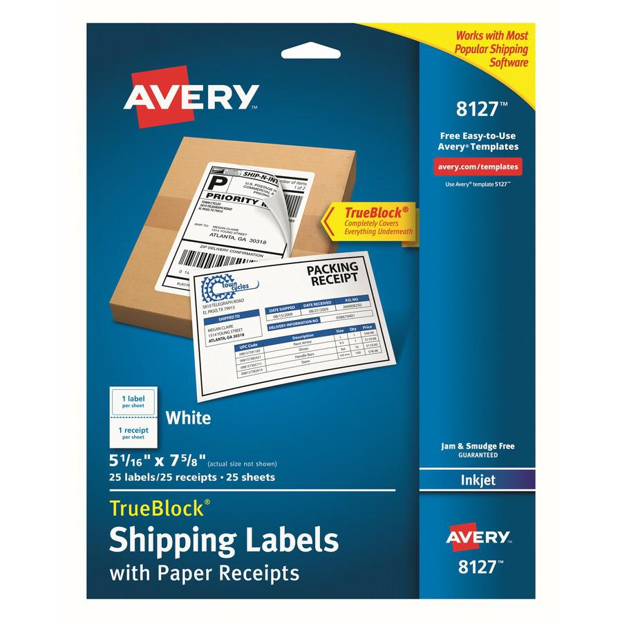 Avery&reg; TrueBlock Paper Receipt Shipping Labels - 5 1/16" Width x 7 5/8" Length - Permanent Adhesive - Rectangle - Inkjet - White - Paper - 1 / Sheet - 125 Total Sheets - 125 Total Label(s) - 5 / C