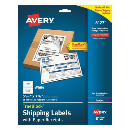 Avery&reg; TrueBlock Paper Receipt Shipping Labels - 5 1/16" Width x 7 5/8" Length - Permanent Adhesive - Rectangle - Inkjet - White - Paper - 1 / Sheet - 125 Total Sheets - 125 Total Label(s) - 5 / C