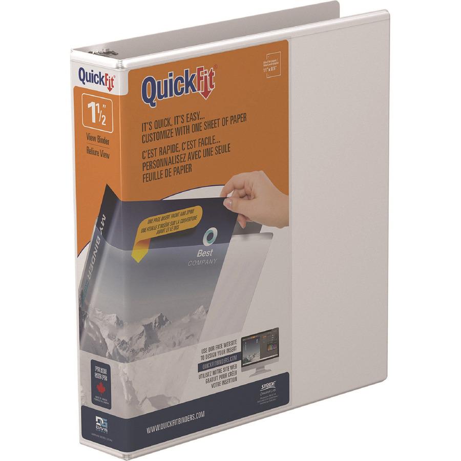 QuickFit D-Ring View Binders - 1 1/2" Binder Capacity - Letter - 8 1/2" x 11" Sheet Size - 350 Sheet Capacity - 1.50" Ring - D-Ring Fastener(s) - 2 Internal Pocket(s) - Vinyl - White - Recycled - Prin