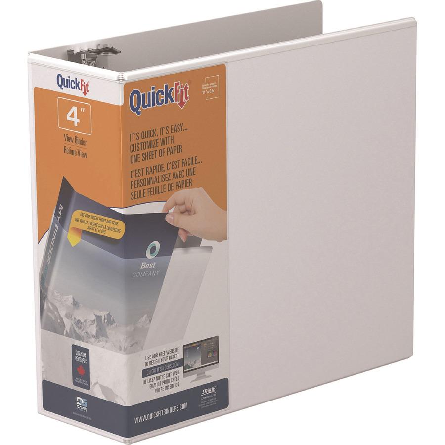 QuickFit D-Ring View Binders - 4" Binder Capacity - Letter - 8 1/2" x 11" Sheet Size - 4" Ring - D-Ring Fastener(s) - 2 Internal Pocket(s) - Vinyl, Steel - White - Recycled - Print-transfer Resistant,