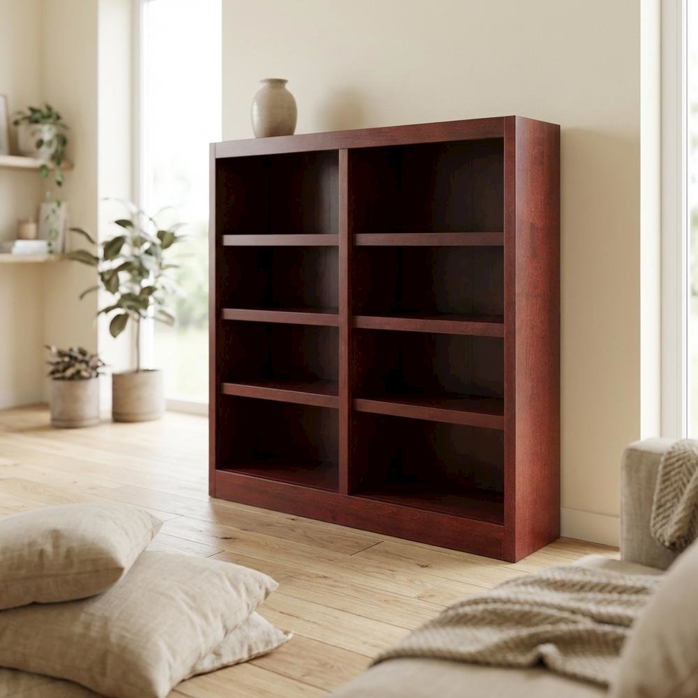 Cherry Finish Double Wide Bookcase with 8 Shelves and Adjustable Storage