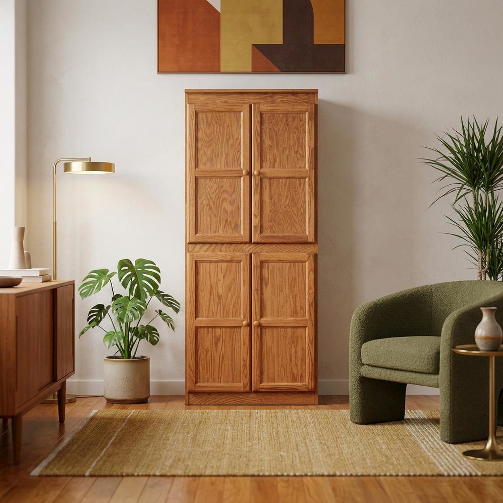 Dry Oak 5-Shelf Storage Cabinet, 30x72 Inch, Solid Wood, Self-Closing