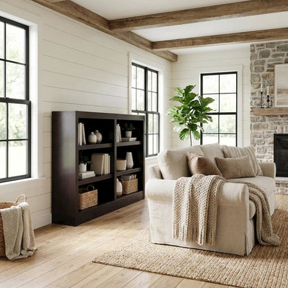 Espresso Finish Double Wide Bookcase with 6 Shelves and Adjustable Storage