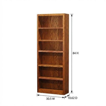 Dry Oak Finish Single Wide Bookcase with 6 Shelves and Sturdy Construction