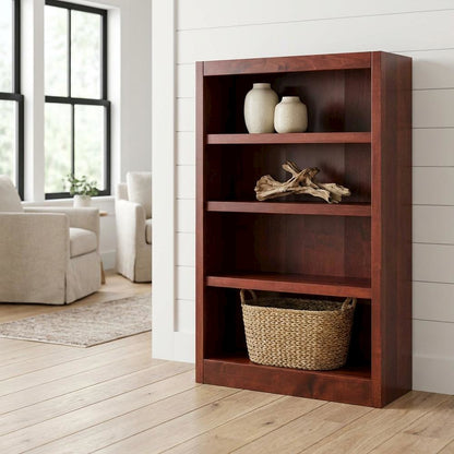 Cherry finish single wide bookcase, 4 adjustable, fixed shelves, sturdy design