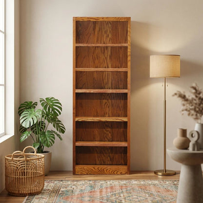 Dry Oak Finish Single Wide Bookcase with 6 Shelves and Sturdy Construction