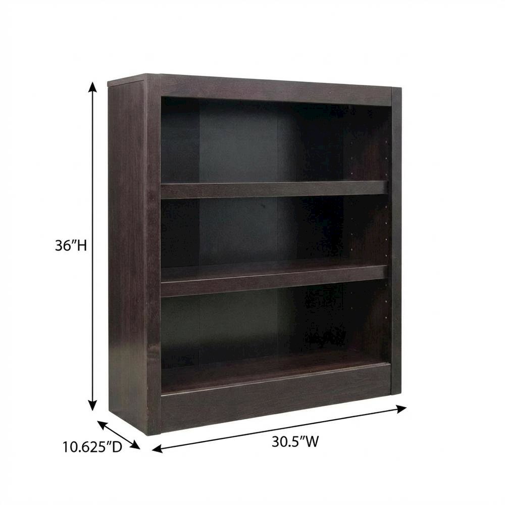 Espresso Finish Single Wide Bookcase with 3 Shelves and Sturdy Construction