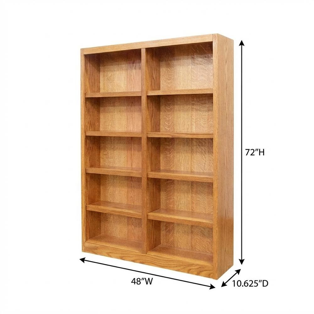 Double Wide Bookcase with 10 Shelves and Dry Oak Finish for Storage