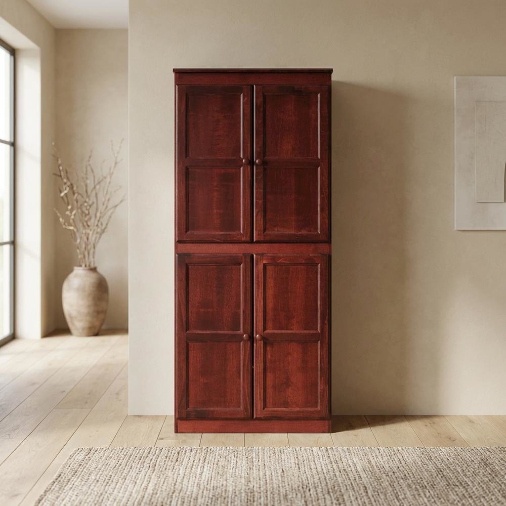 Cherry 5-Shelf Storage Cabinet, 30x72 Inch, Solid Wood, Self-Closing