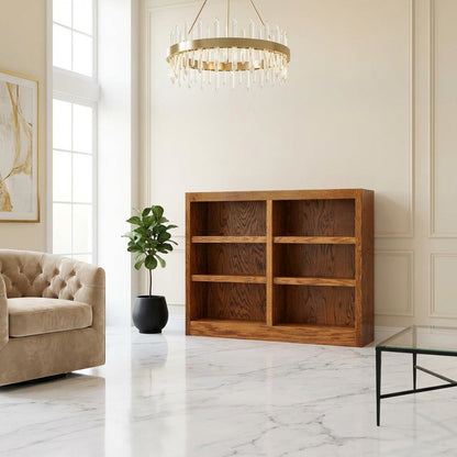 Dry Oak Finish Double Wide Bookcase with 6 Shelves and Sturdy Construction