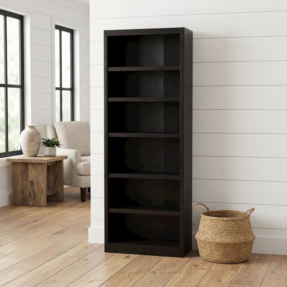 Espresso Wide Bookcase with 6 Shelves and Adjustable Storage Spaces