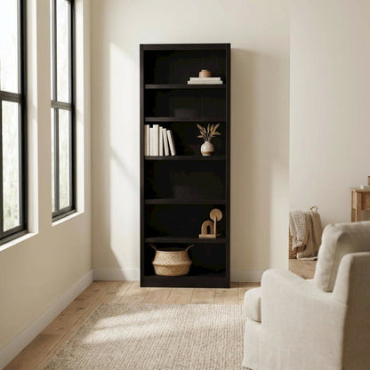 Espresso Wide Bookcase with 6 Shelves and Adjustable Storage Spaces