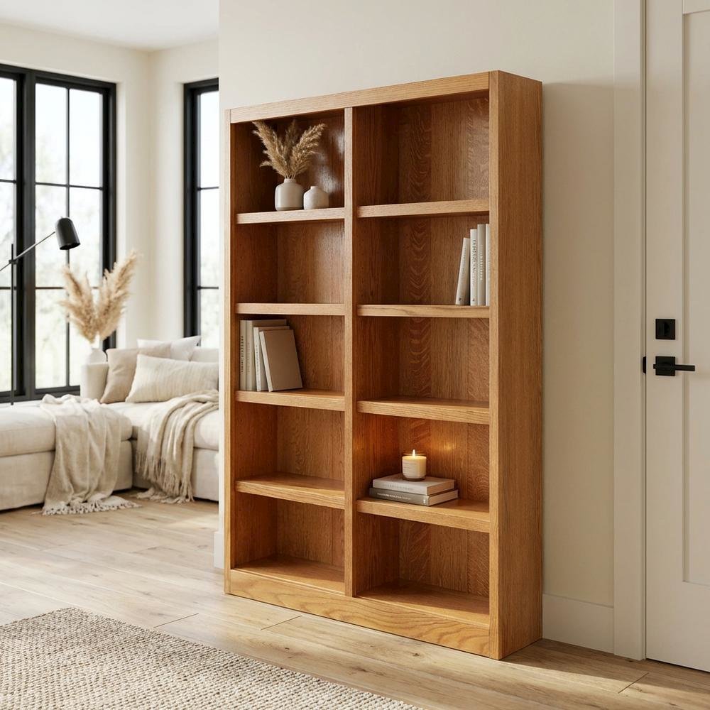 Double Wide Bookcase with 10 Shelves and Dry Oak Finish for Storage