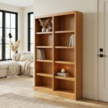 Double Wide Bookcase with 10 Shelves and Dry Oak Finish for Storage