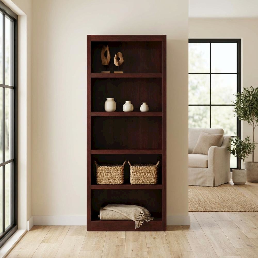 Cherry Finish Single Wide Bookcase with 5 Shelves and Adjustable Storage